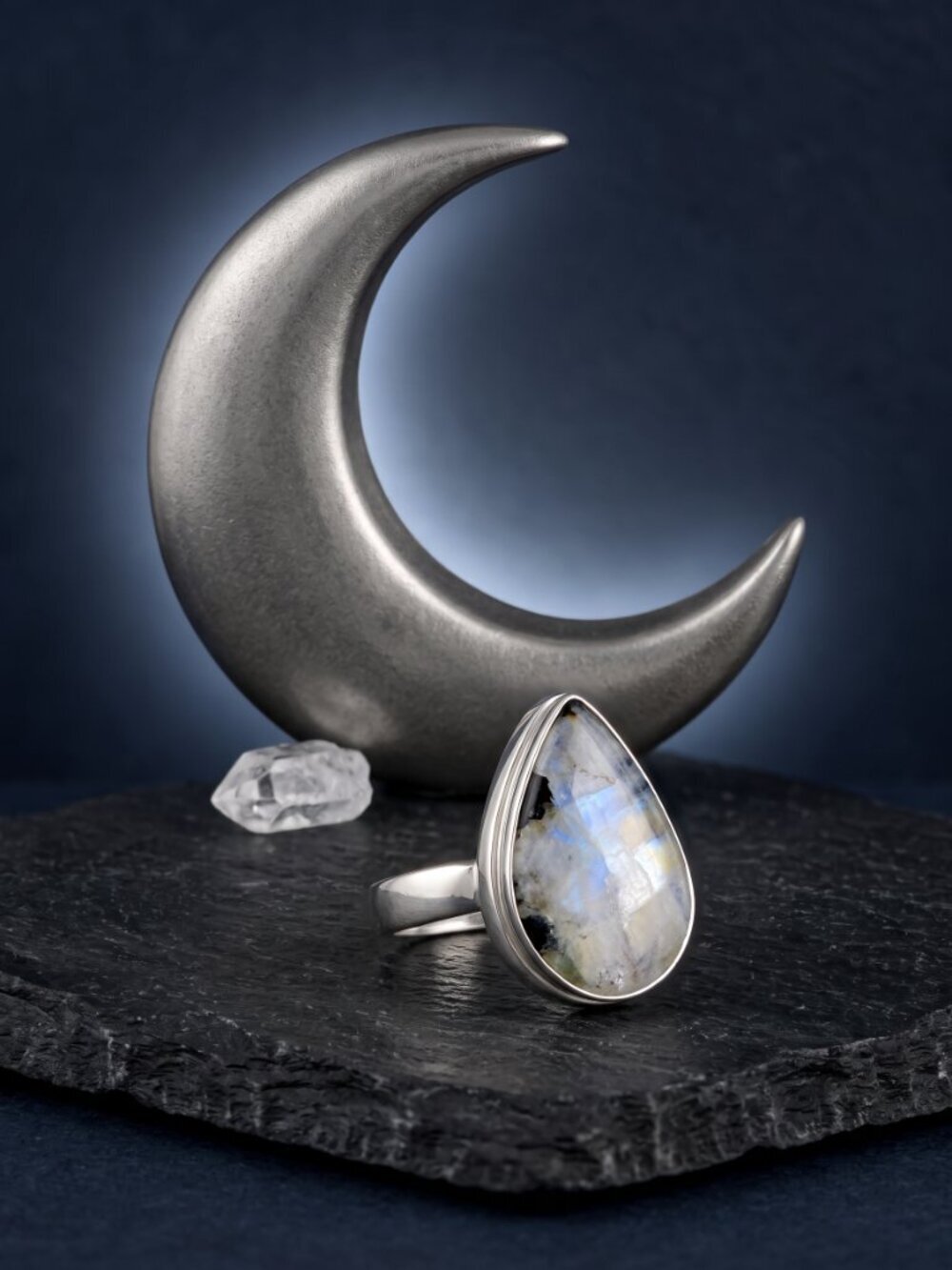 925 Sterling Silver Genuine Moonstone Pear Ring Whimsigoth Celestial Size 8